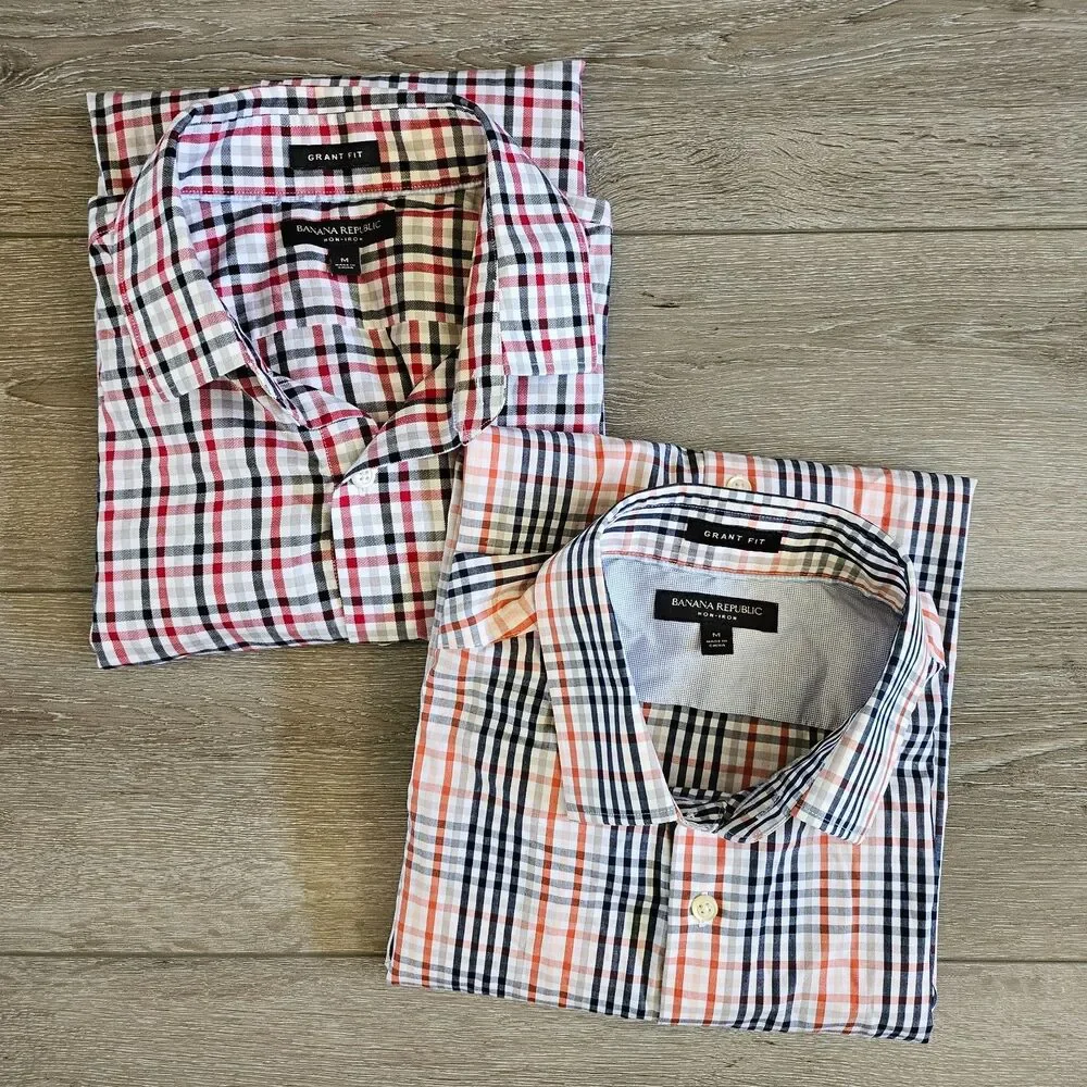 Mens Banana Republic Grant Fit Non-Iron Cotton Medium Plaid Lot of 2 Dress Shirt